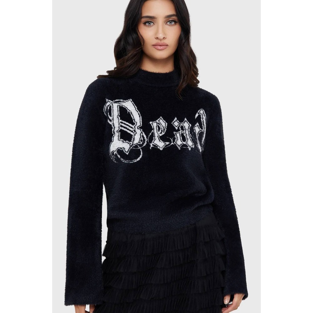 Killstar Dead Debbie Black Fuzzy Knit Graphic Sweater Mock Neck Goth